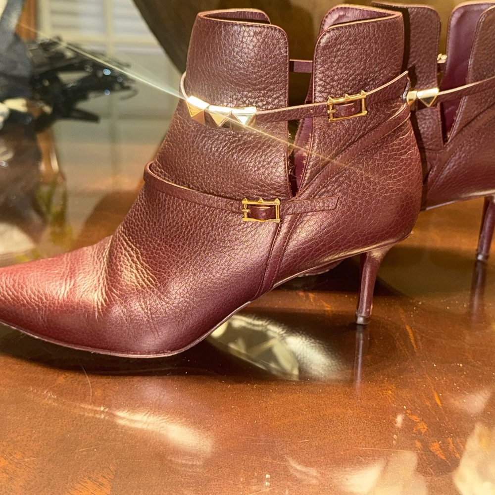 Women's Leather Ankle Boots in Burgundy with Gold Accents